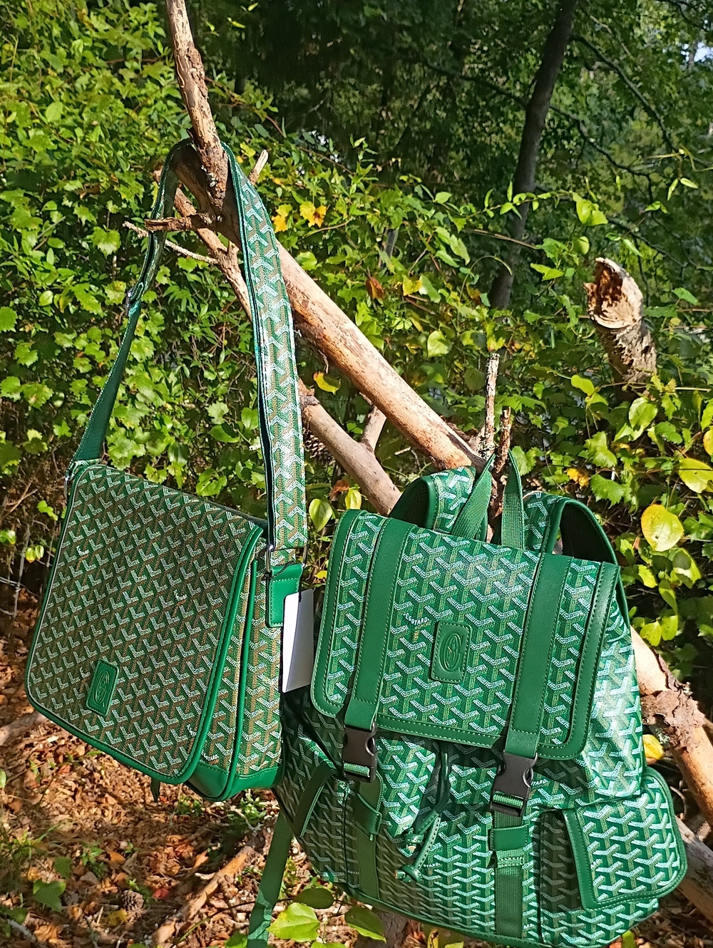 Green Patterned Shoulder Bag and Backpack Set